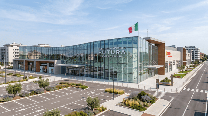 Amministrazione centri commerciali – complesso commerciale moderno con parcheggio