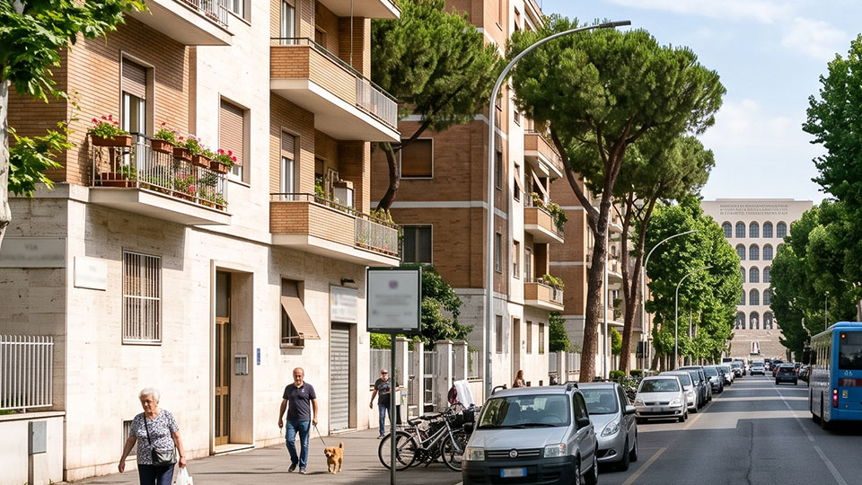 Strada alberata con edifici residenziali.
