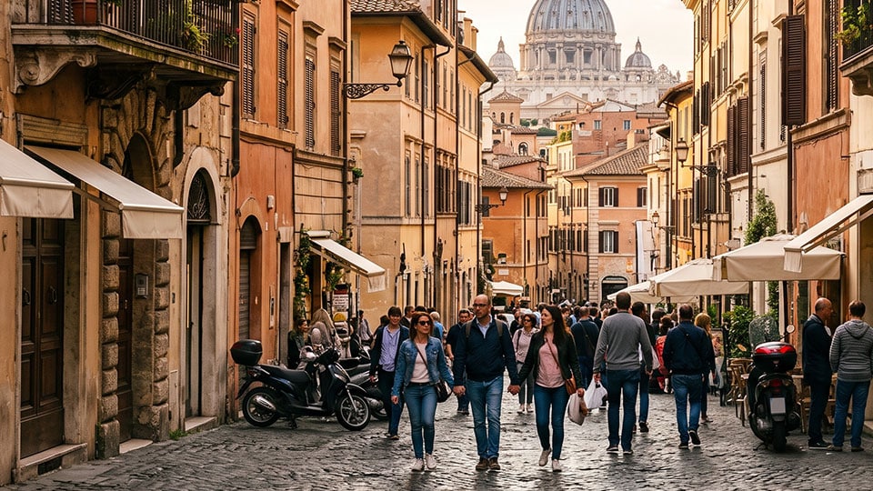 Strada affollata con vista su San Pietro