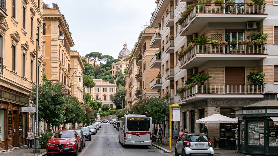 Strada urbana con autobus e auto